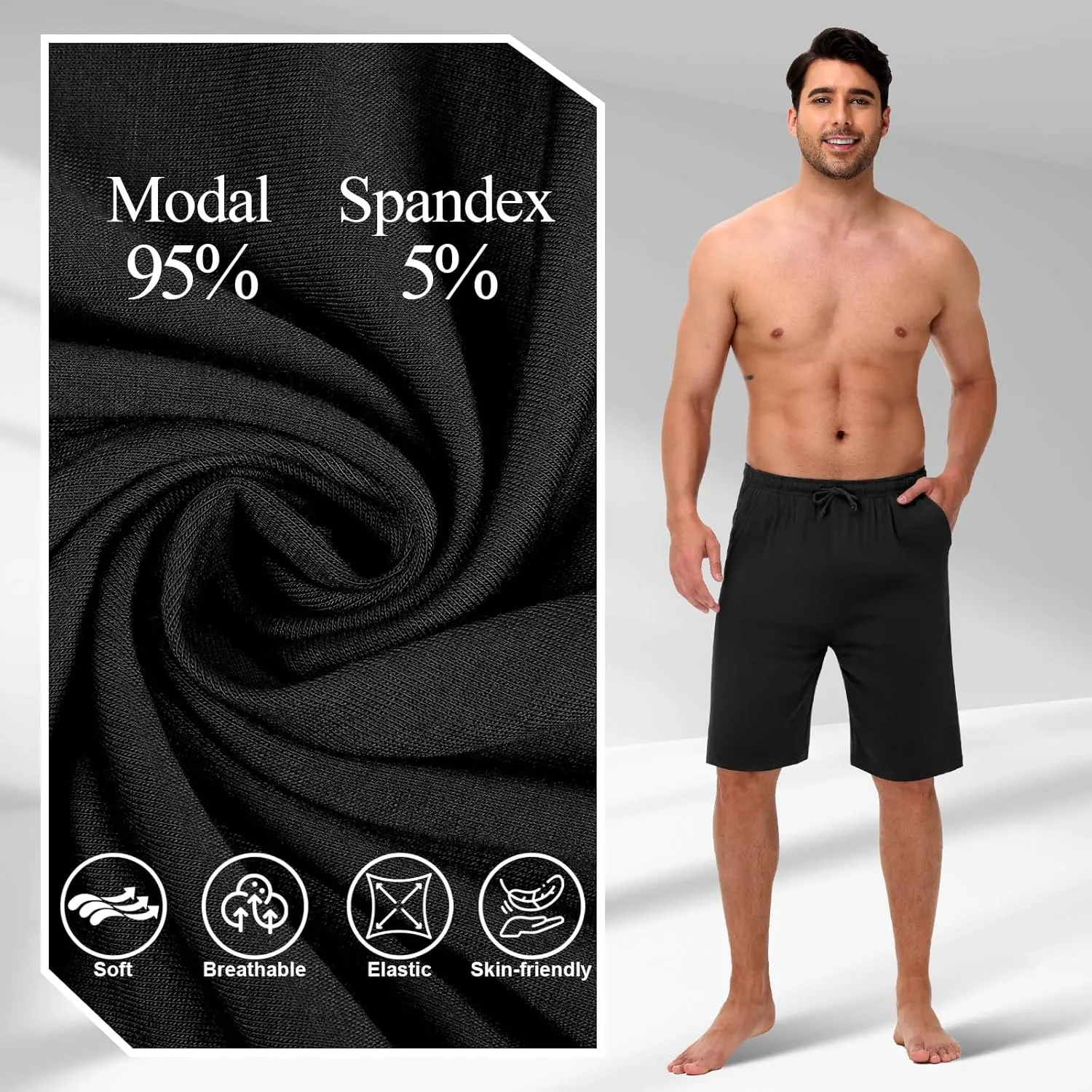 2 Pack Men’s Pajama Shorts Soft Modal Boxer Shorts Comfy Breathable Elastic Sleep Bottoms Pants with Pockets