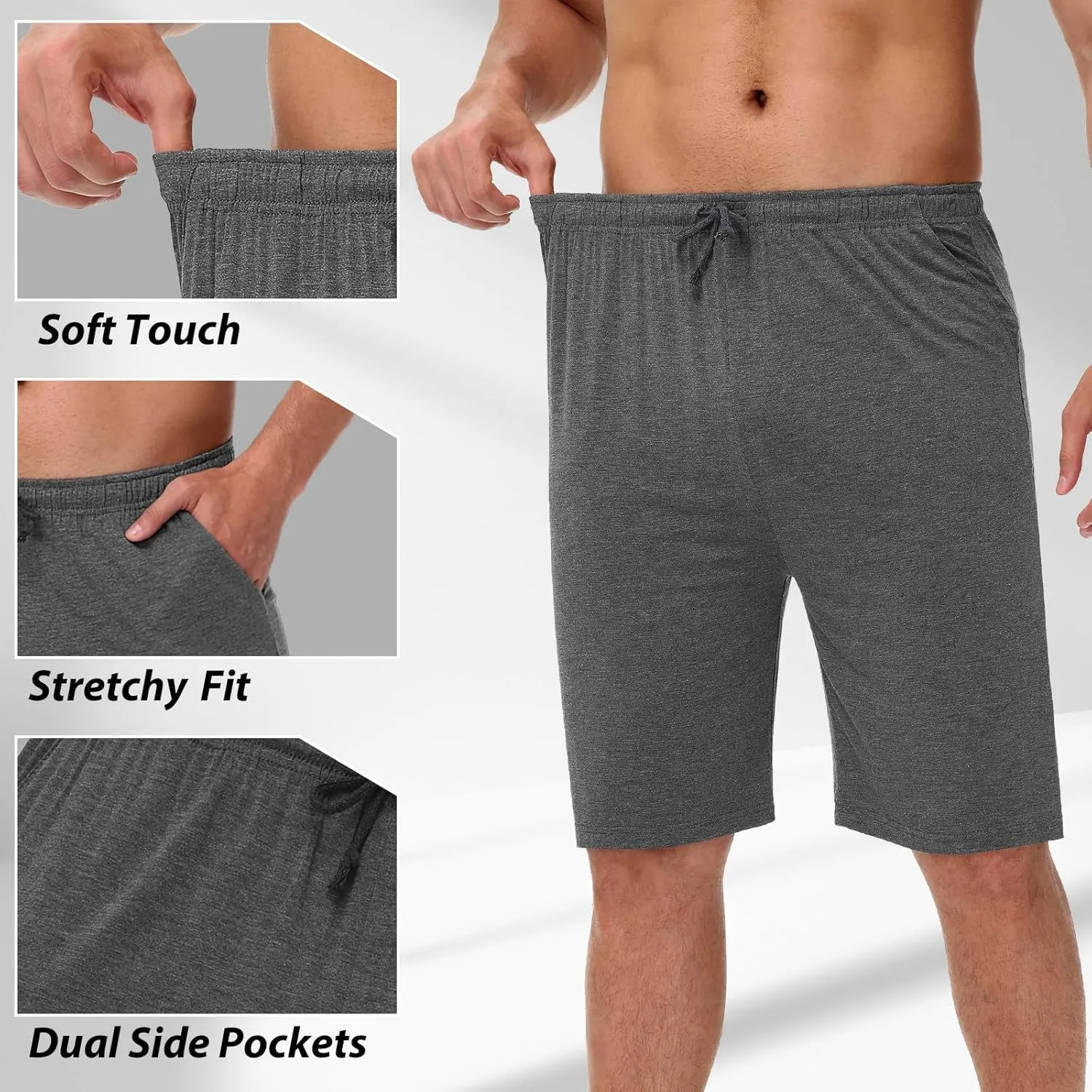 2 Pack Men’s Pajama Shorts Soft Modal Boxer Shorts Comfy Breathable Elastic Sleep Bottoms Pants with Pockets