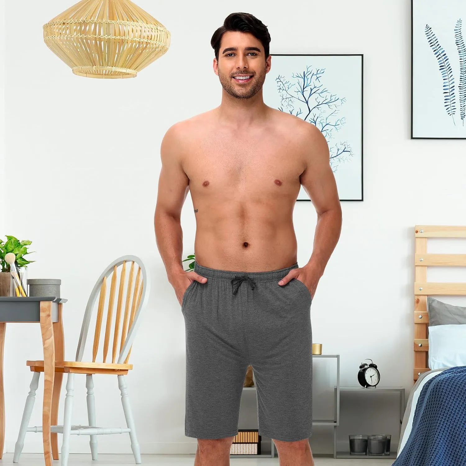2 Pack Men’s Pajama Shorts Soft Modal Boxer Shorts Comfy Breathable Elastic Sleep Bottoms Pants with Pockets
