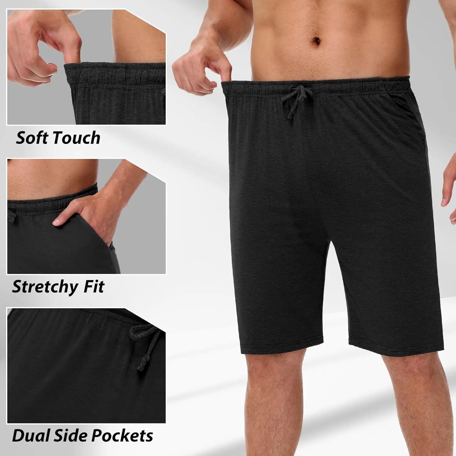 2 Pack Men’s Pajama Shorts Soft Modal Boxer Shorts Comfy Breathable Elastic Sleep Bottoms Pants with Pockets