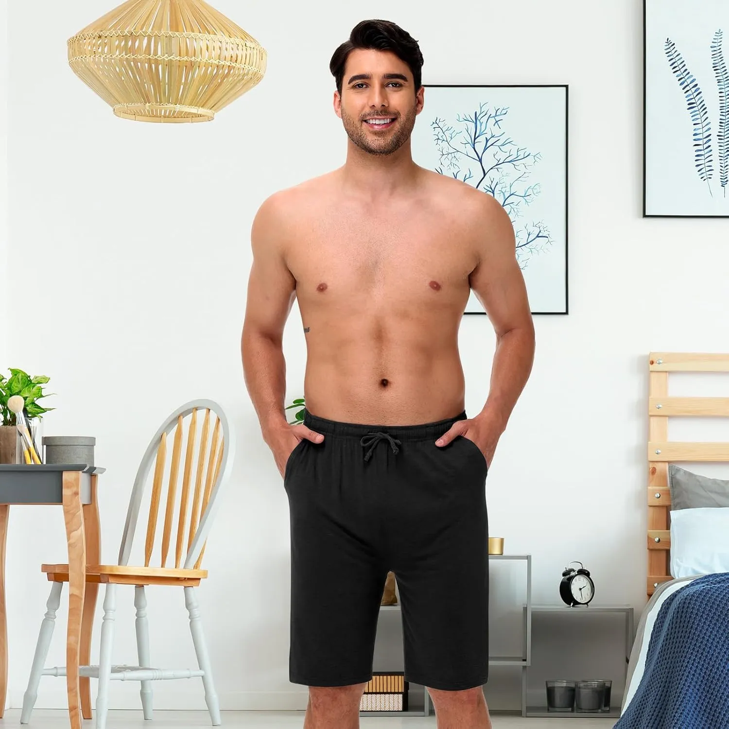 2 Pack Men’s Pajama Shorts Soft Modal Boxer Shorts Comfy Breathable Elastic Sleep Bottoms Pants with Pockets