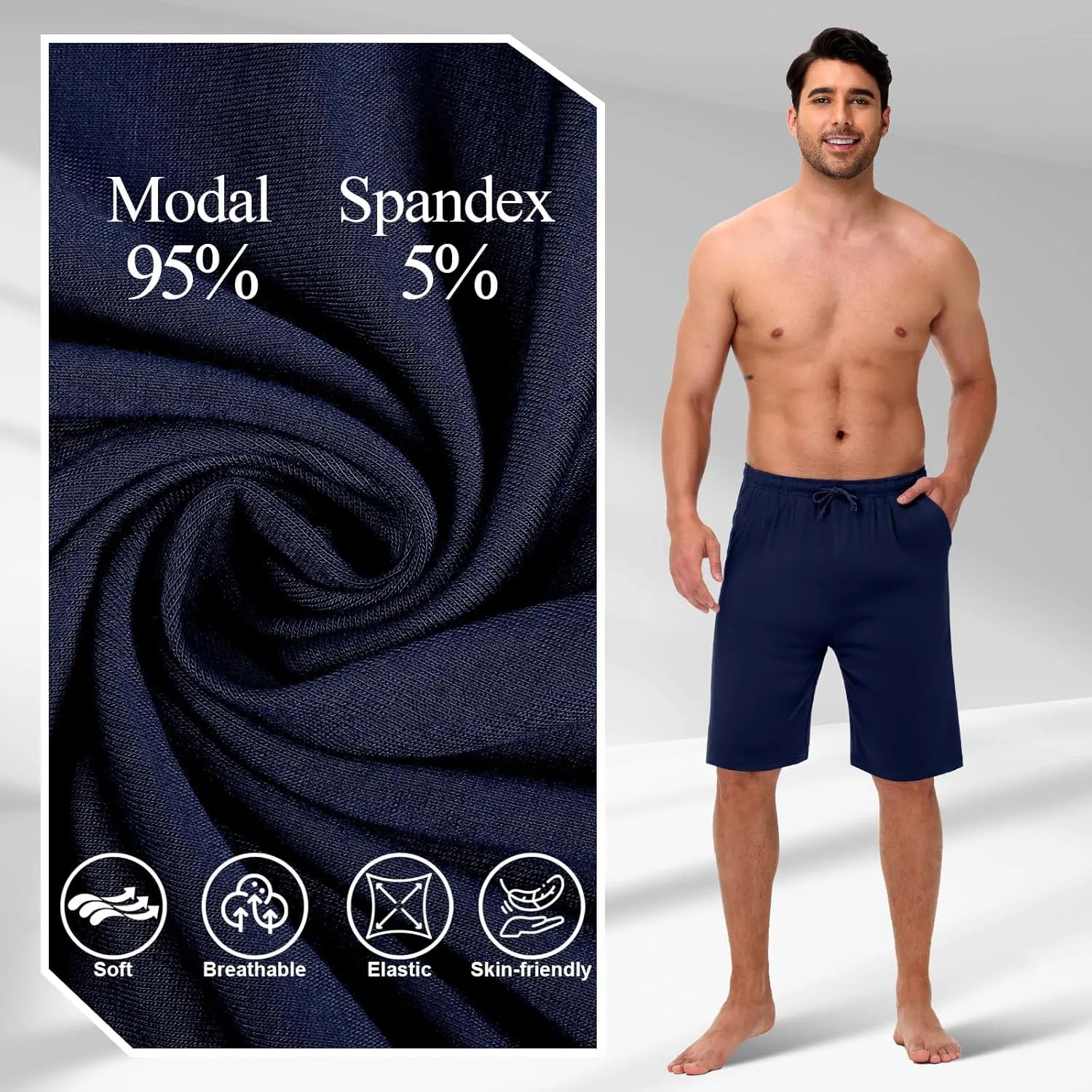 2 Pack Men’s Pajama Shorts Soft Modal Boxer Shorts Comfy Breathable Elastic Sleep Bottoms Pants with Pockets