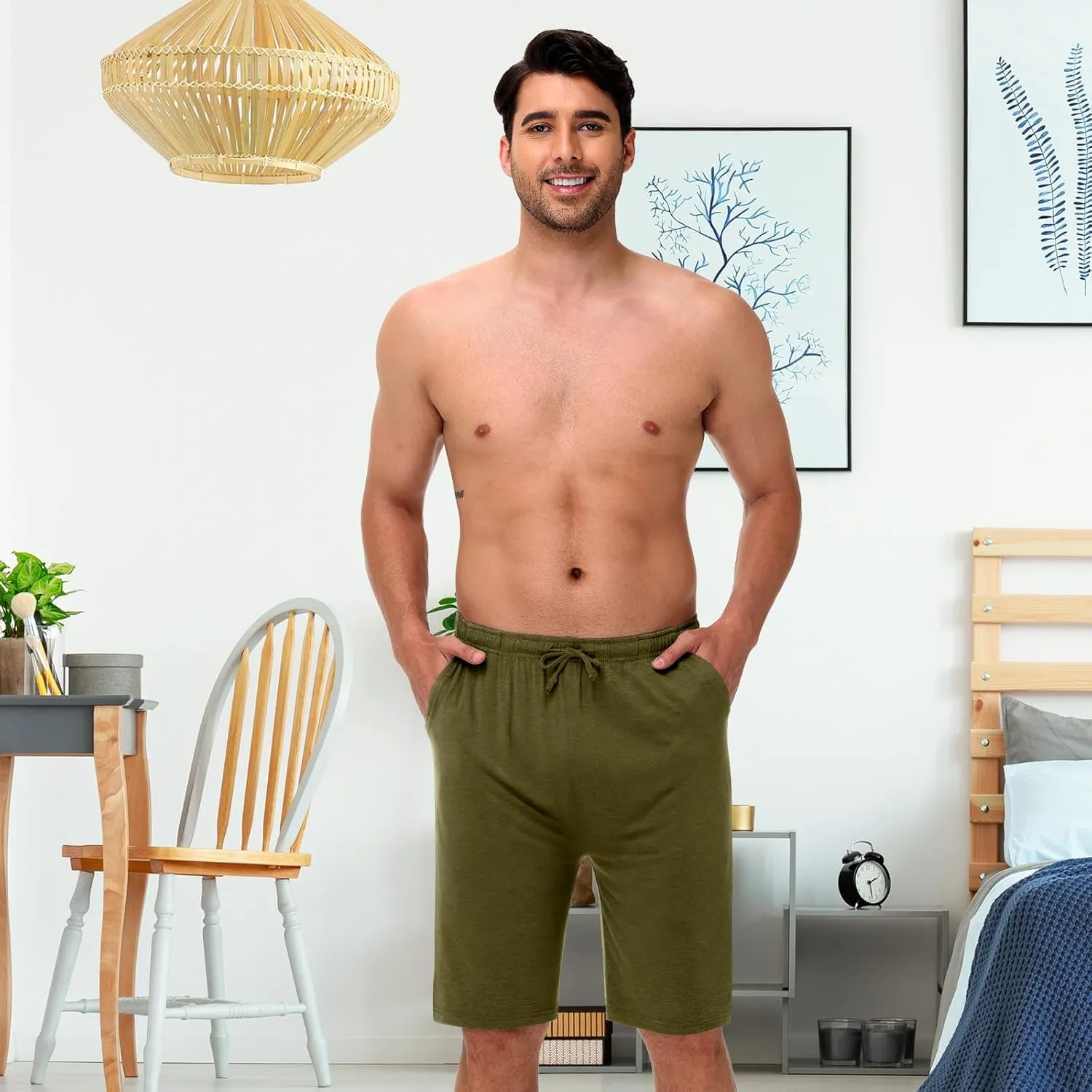 2 Pack Men’s Pajama Shorts Soft Modal Boxer Shorts Comfy Breathable Elastic Sleep Bottoms Pants with Pockets