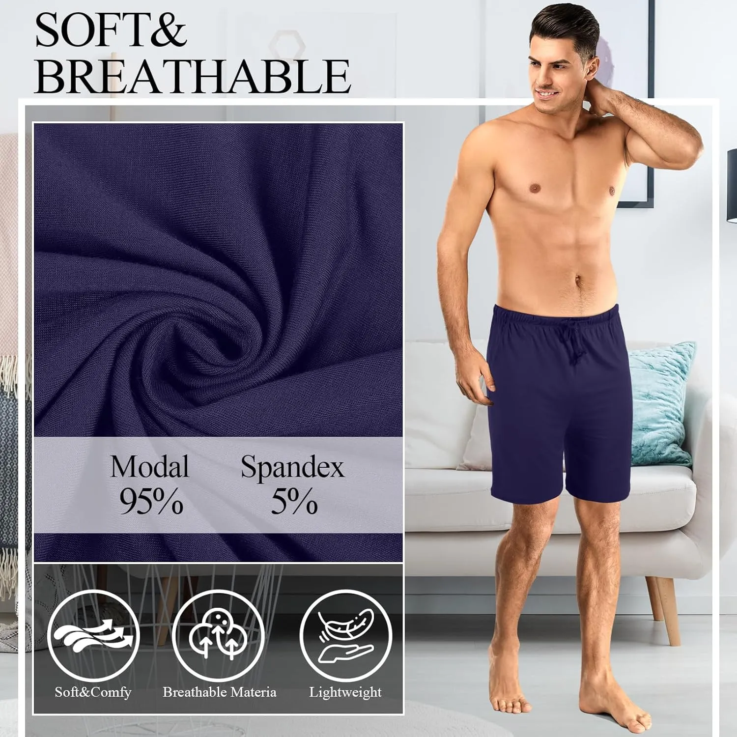 3 Pack Men's Pajama Shorts Sleep Lounge Shorts Sleepwear Pants Big and Tall Sleep Pj Bottoms Elastic Waist with Pockets