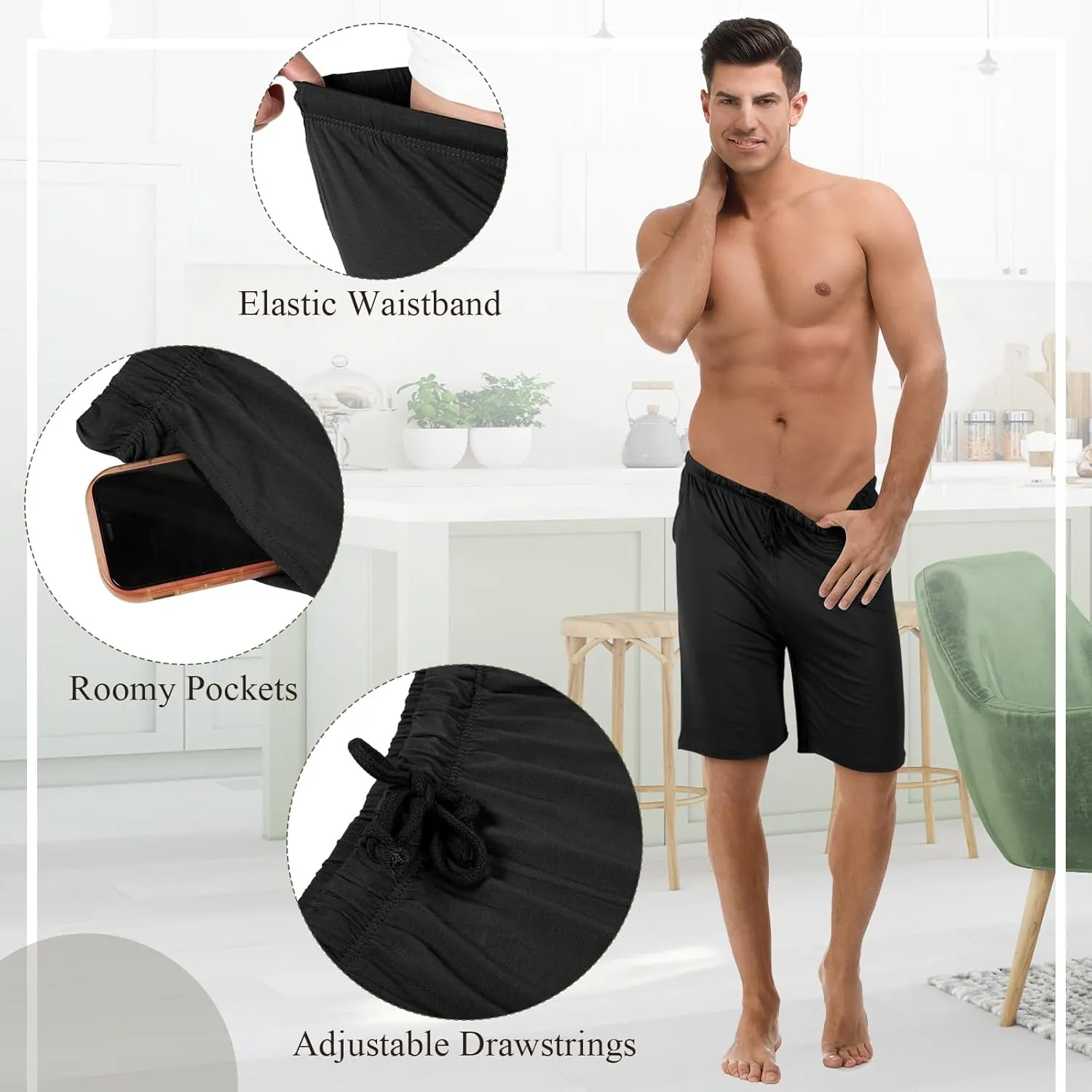 3 Pack Men's Pajama Shorts Sleep Lounge Shorts Sleepwear Pants Big and Tall Sleep Pj Bottoms Elastic Waist with Pockets