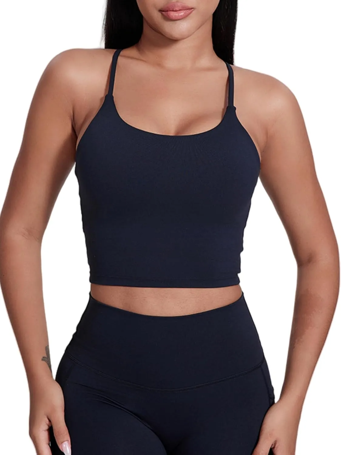 ABOCIW Women's Longline Sports Bra Spaghetti Strap Padded Yoga Workout Tops Fitness Running Camisole Crop Top