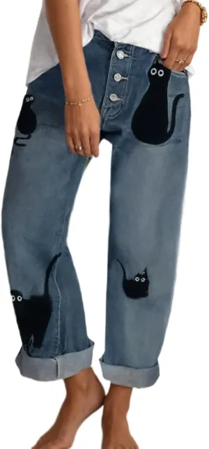 Akivide Women's Baggy Ankle Jeans Casual Loose Straight Leg Button Boyfriend Cropped Cute Denim Pants