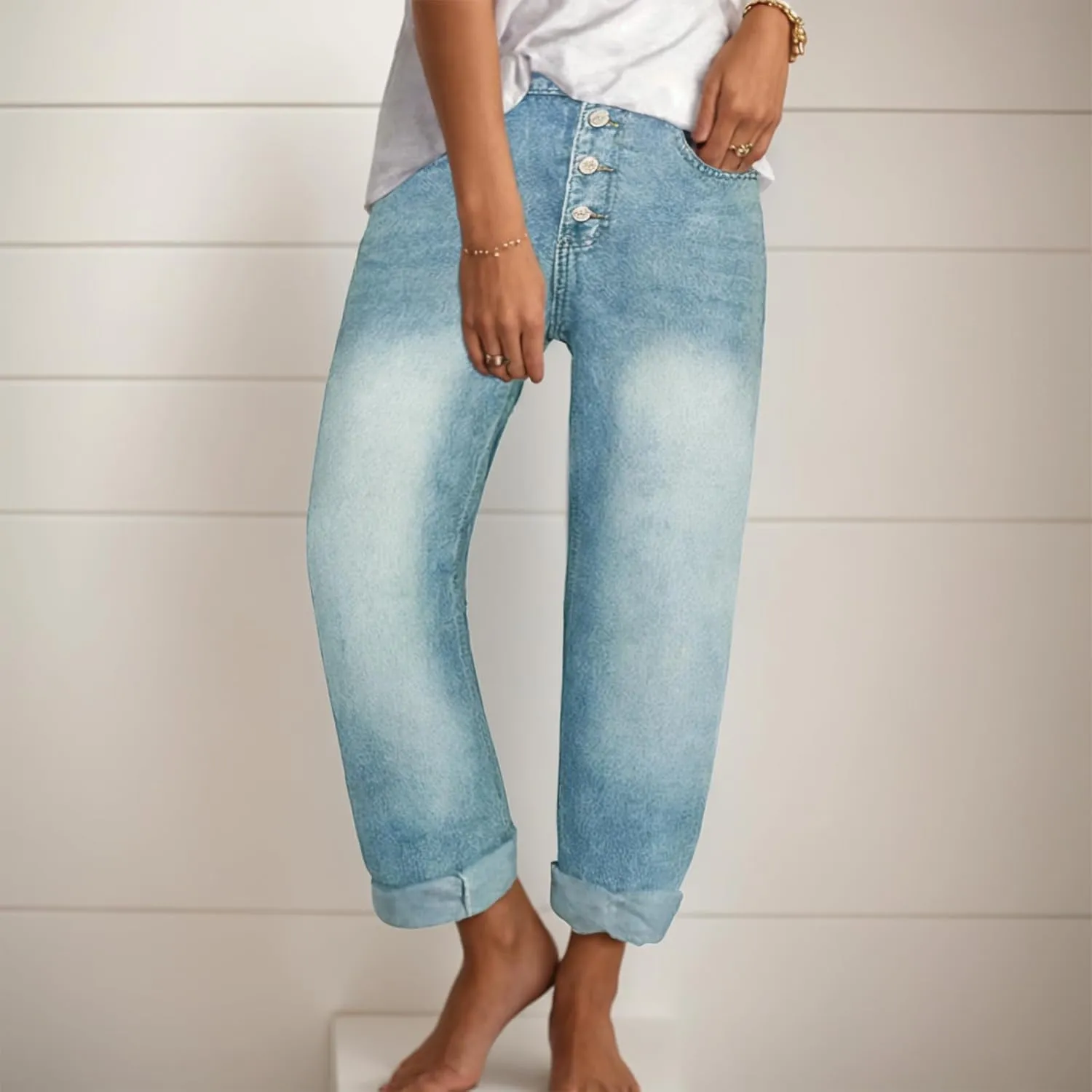 Akivide Women's Baggy Ankle Jeans Casual Loose Straight Leg Button Boyfriend Cropped Cute Denim Pants