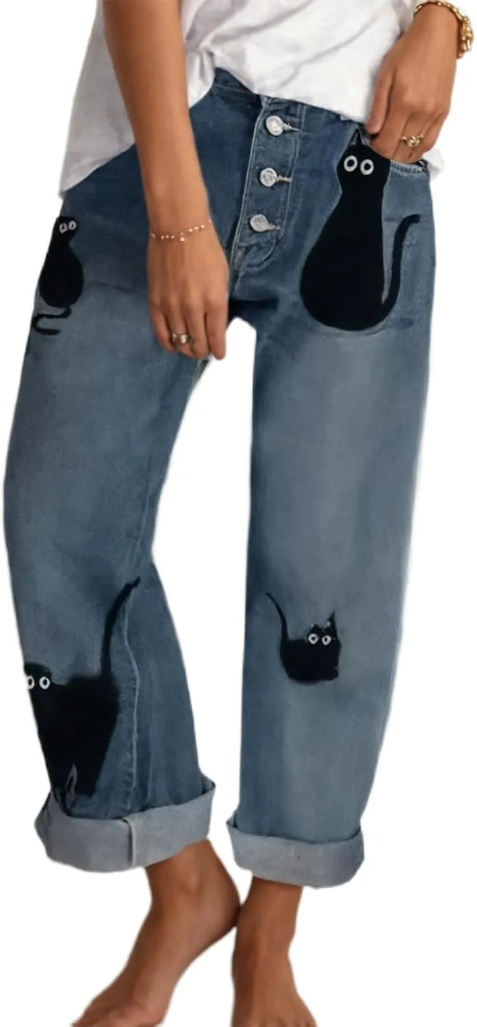 Akivide Women's Baggy Ankle Jeans Casual Loose Straight Leg Button Boyfriend Cropped Cute Denim Pants