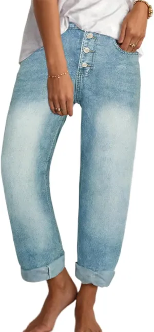 Akivide Women's Baggy Ankle Jeans Casual Loose Straight Leg Button Boyfriend Cropped Cute Denim Pants