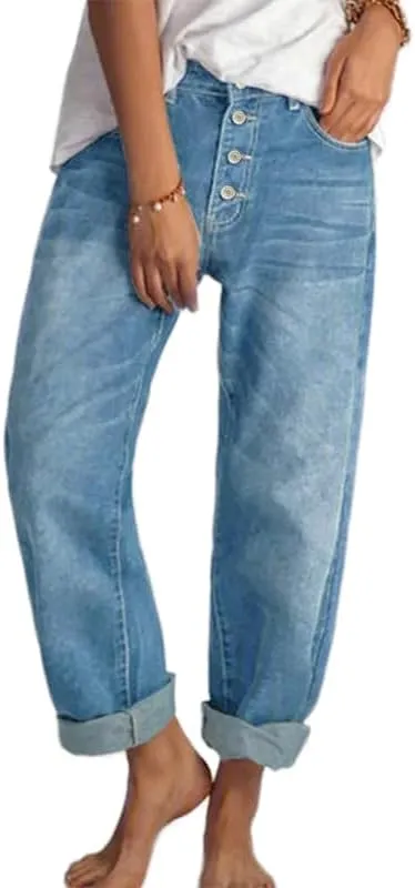 Akivide Women's Baggy Ankle Jeans Casual Loose Straight Leg Button Boyfriend Cropped Cute Denim Pants