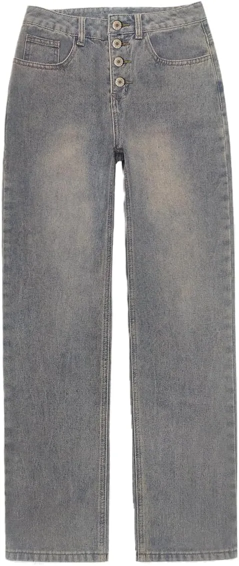 Akivide Women's Baggy Ankle Jeans Casual Loose Straight Leg Button Boyfriend Cropped Cute Denim Pants