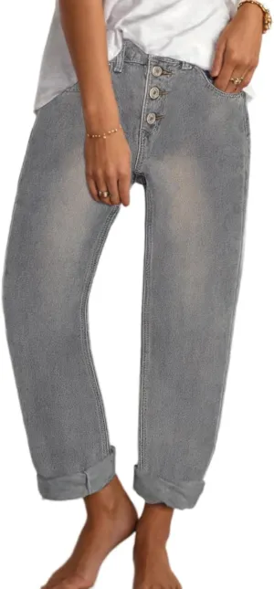 Akivide Women's Baggy Ankle Jeans Casual Loose Straight Leg Button Boyfriend Cropped Cute Denim Pants