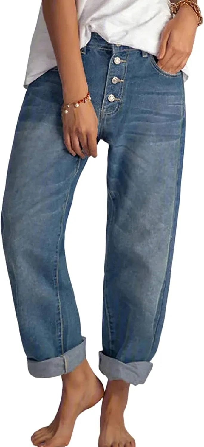 Akivide Women's Baggy Ankle Jeans Casual Loose Straight Leg Button Boyfriend Cropped Cute Denim Pants
