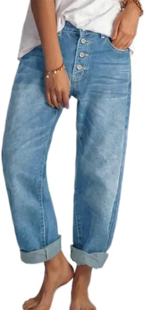 Akivide Women's Baggy Ankle Jeans Casual Loose Straight Leg Button Boyfriend Cropped Cute Denim Pants