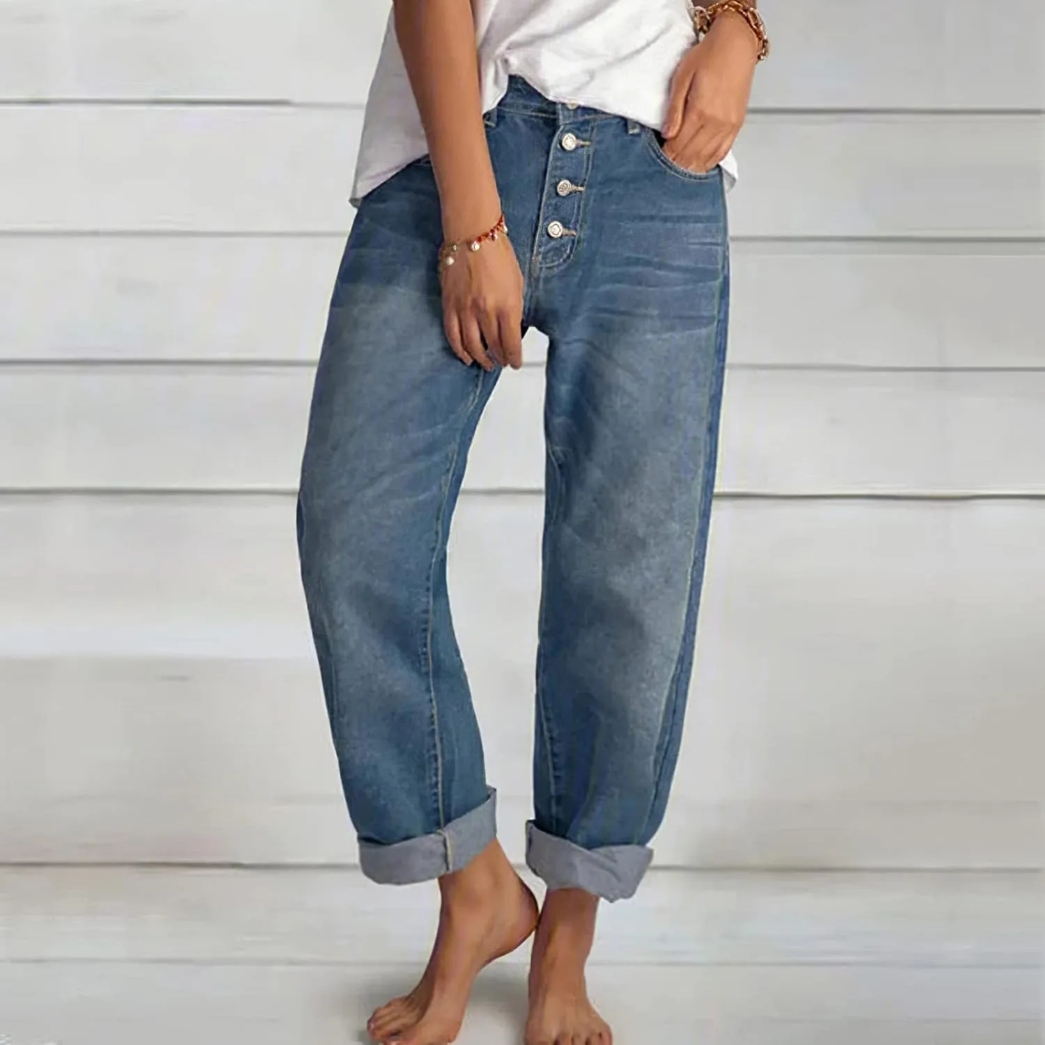 Akivide Women's Baggy Ankle Jeans Casual Loose Straight Leg Button Boyfriend Cropped Cute Denim Pants