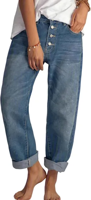 Akivide Women's Baggy Ankle Jeans Casual Loose Straight Leg Button Boyfriend Cropped Cute Denim Pants