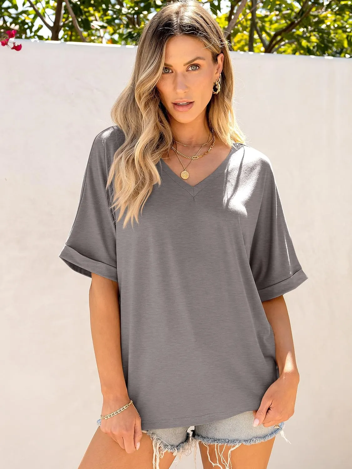 ANRABESS Women's Oversized T Shirts Short Sleeve V Neck Summer Tops Casual Loose Basic Plain Tee Shirts 2025 Clothes Outfits