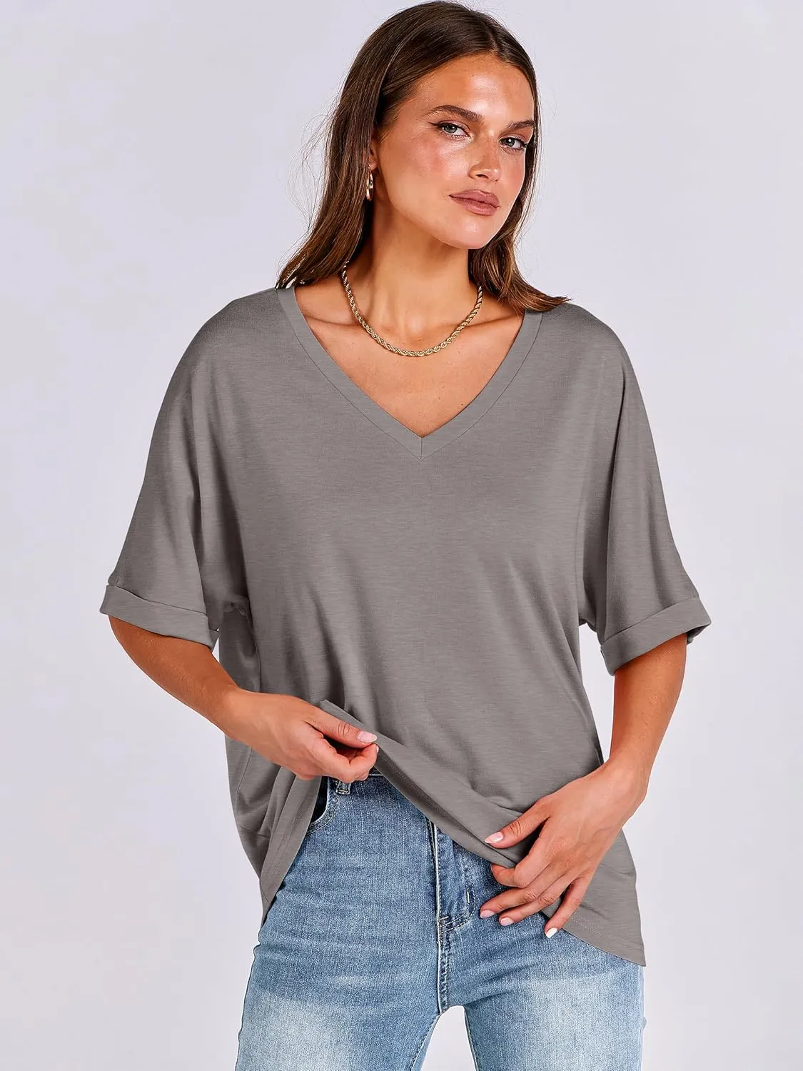 ANRABESS Women's Oversized T Shirts Short Sleeve V Neck Summer Tops Casual Loose Basic Plain Tee Shirts 2025 Clothes Outfits