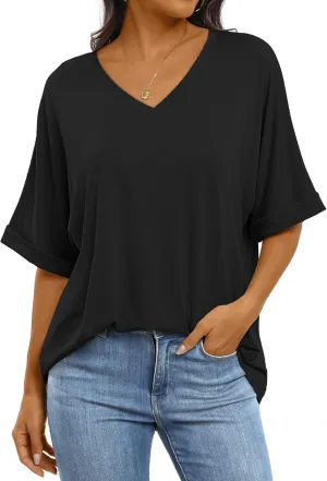 ANRABESS Women's Oversized T Shirts Short Sleeve V Neck Summer Tops Casual Loose Basic Plain Tee Shirts 2025 Clothes Outfits