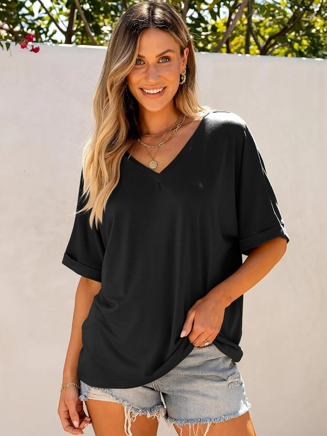 ANRABESS Women's Oversized T Shirts Short Sleeve V Neck Summer Tops Casual Loose Basic Plain Tee Shirts 2025 Clothes Outfits