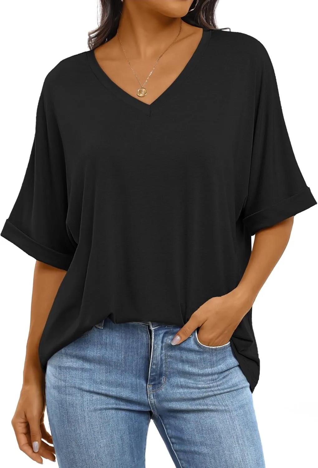 ANRABESS Women's Oversized T Shirts Short Sleeve V Neck Summer Tops Casual Loose Basic Plain Tee Shirts 2025 Clothes Outfits