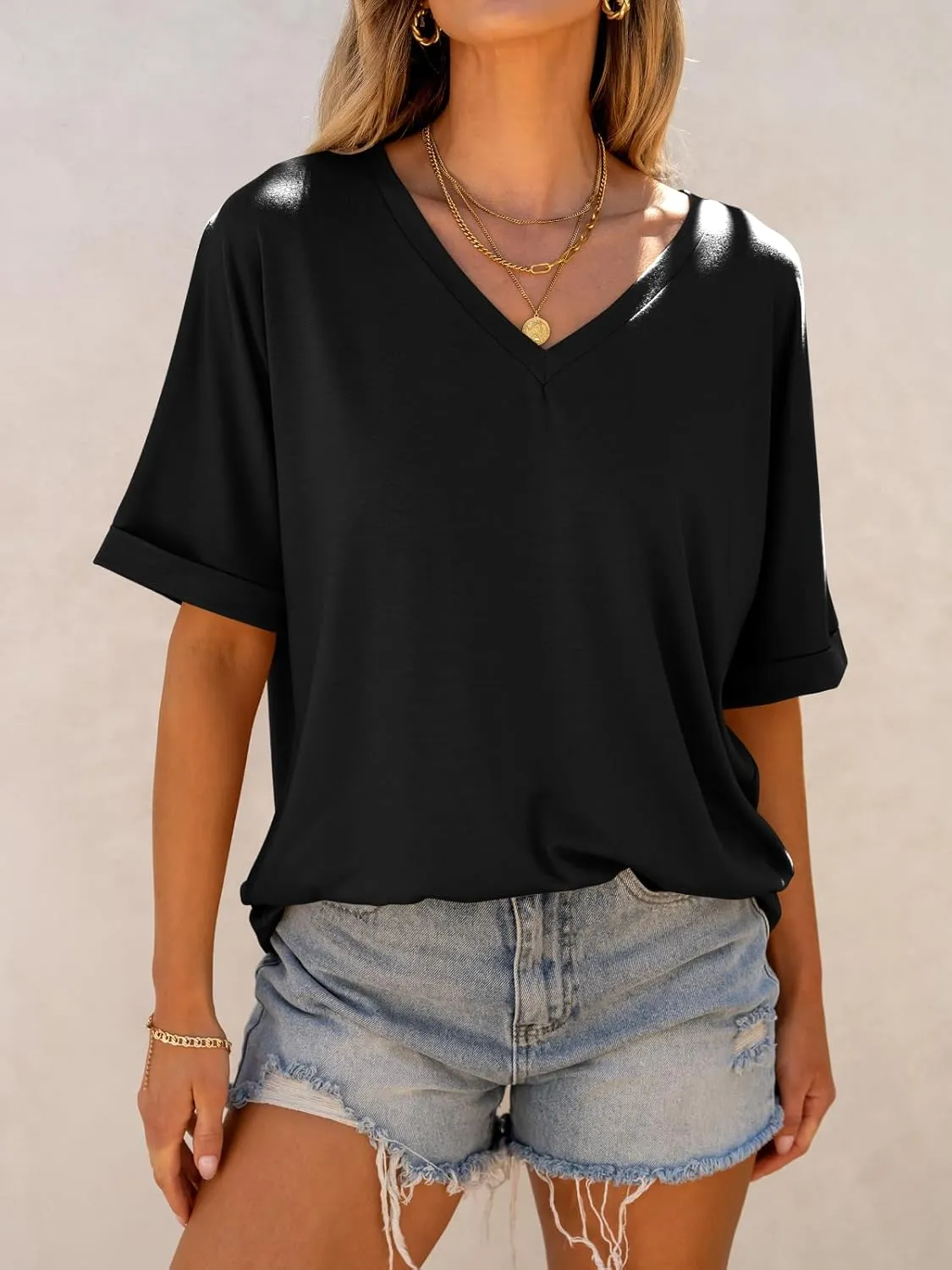 ANRABESS Women's Oversized T Shirts Short Sleeve V Neck Summer Tops Casual Loose Basic Plain Tee Shirts 2025 Clothes Outfits