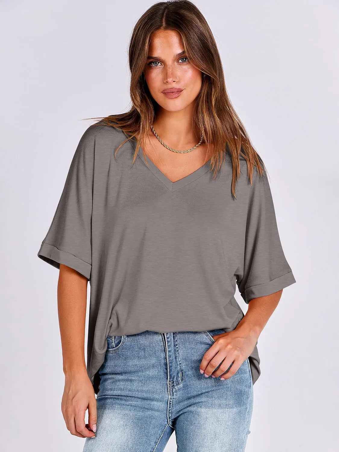 ANRABESS Women's Oversized T Shirts Short Sleeve V Neck Summer Tops Casual Loose Basic Plain Tee Shirts 2025 Clothes Outfits