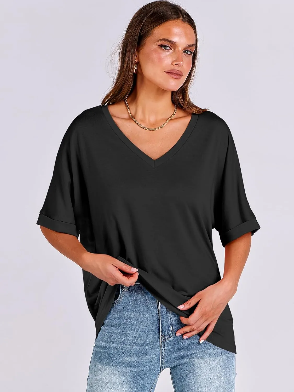 ANRABESS Women's Oversized T Shirts Short Sleeve V Neck Summer Tops Casual Loose Basic Plain Tee Shirts 2025 Clothes Outfits