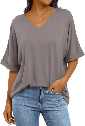 ANRABESS Women's Oversized T Shirts Short Sleeve V Neck Summer Tops Casual Loose Basic Plain Tee Shirts 2025 Clothes Outfits