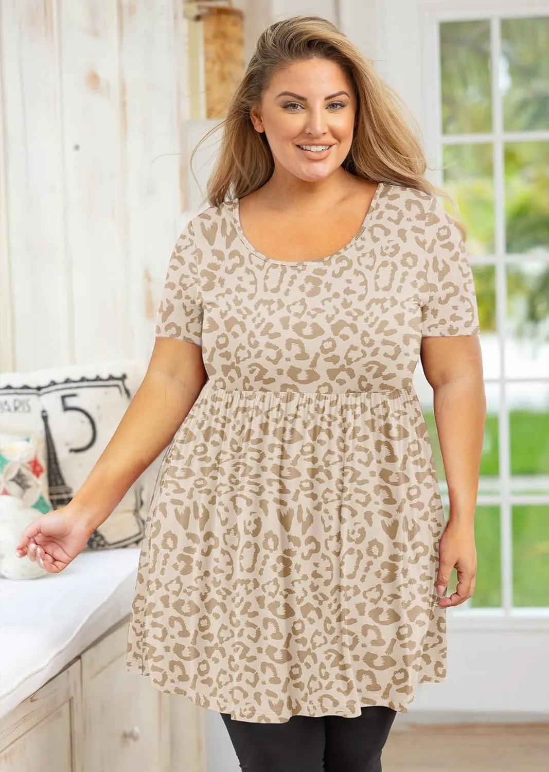 AusLook Women's Plus Size Tunic Short Sleeve Clothes Scoop Neck Summer Tops Pleated Flowy Loose Fit Babydoll T Shirt L-5X