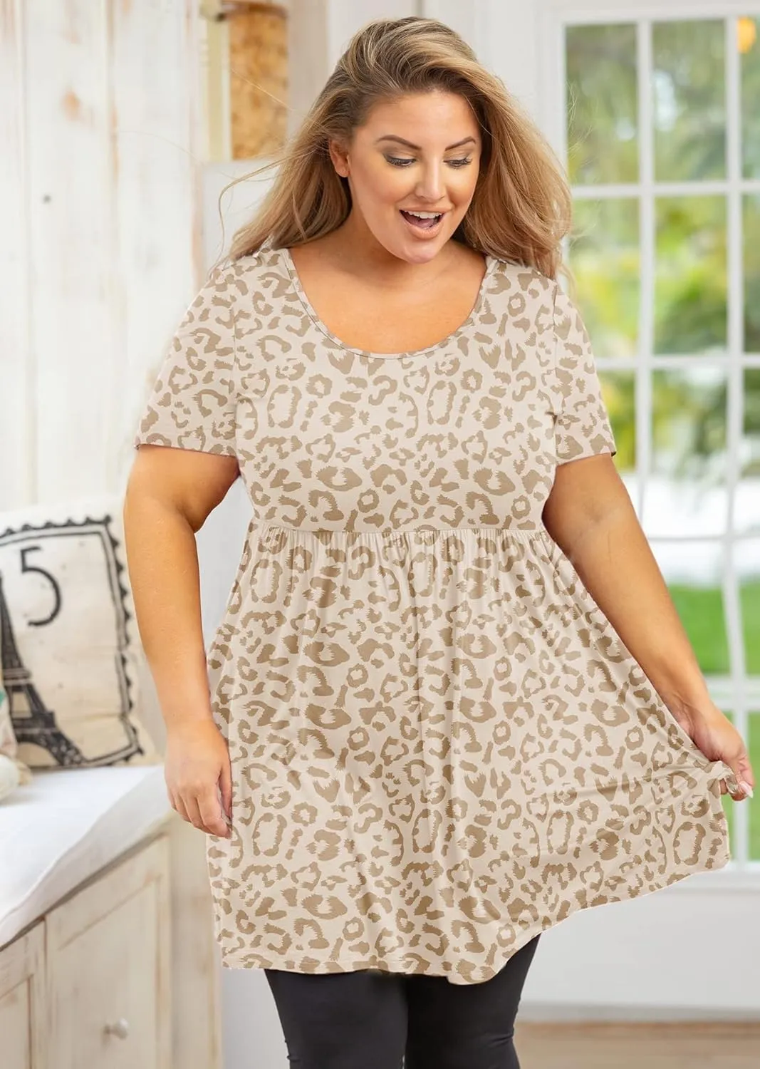 AusLook Women's Plus Size Tunic Short Sleeve Clothes Scoop Neck Summer Tops Pleated Flowy Loose Fit Babydoll T Shirt L-5X