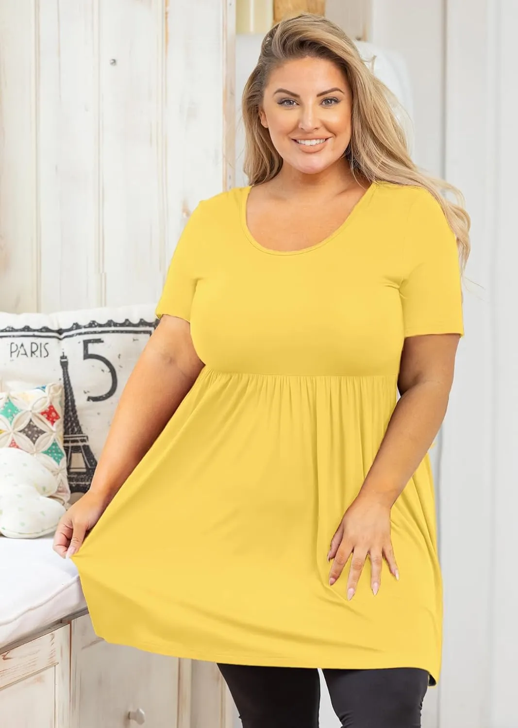 AusLook Women's Plus Size Tunic Short Sleeve Clothes Scoop Neck Summer Tops Pleated Flowy Loose Fit Babydoll T Shirt L-5X