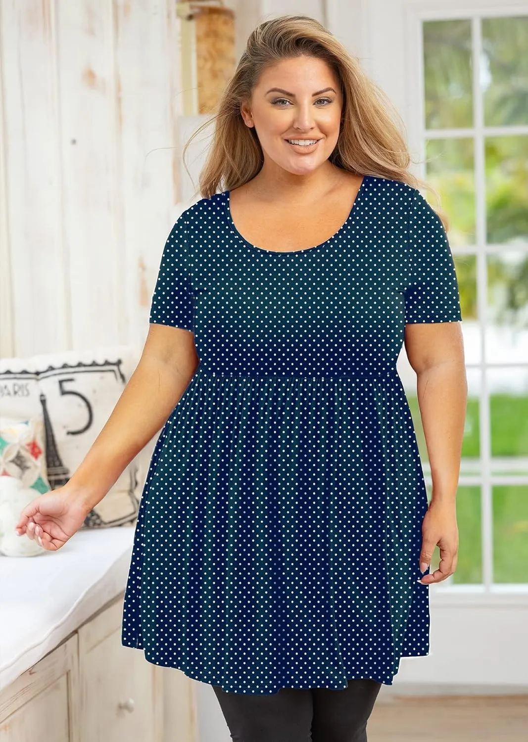 AusLook Women's Plus Size Tunic Short Sleeve Clothes Scoop Neck Summer Tops Pleated Flowy Loose Fit Babydoll T Shirt L-5X