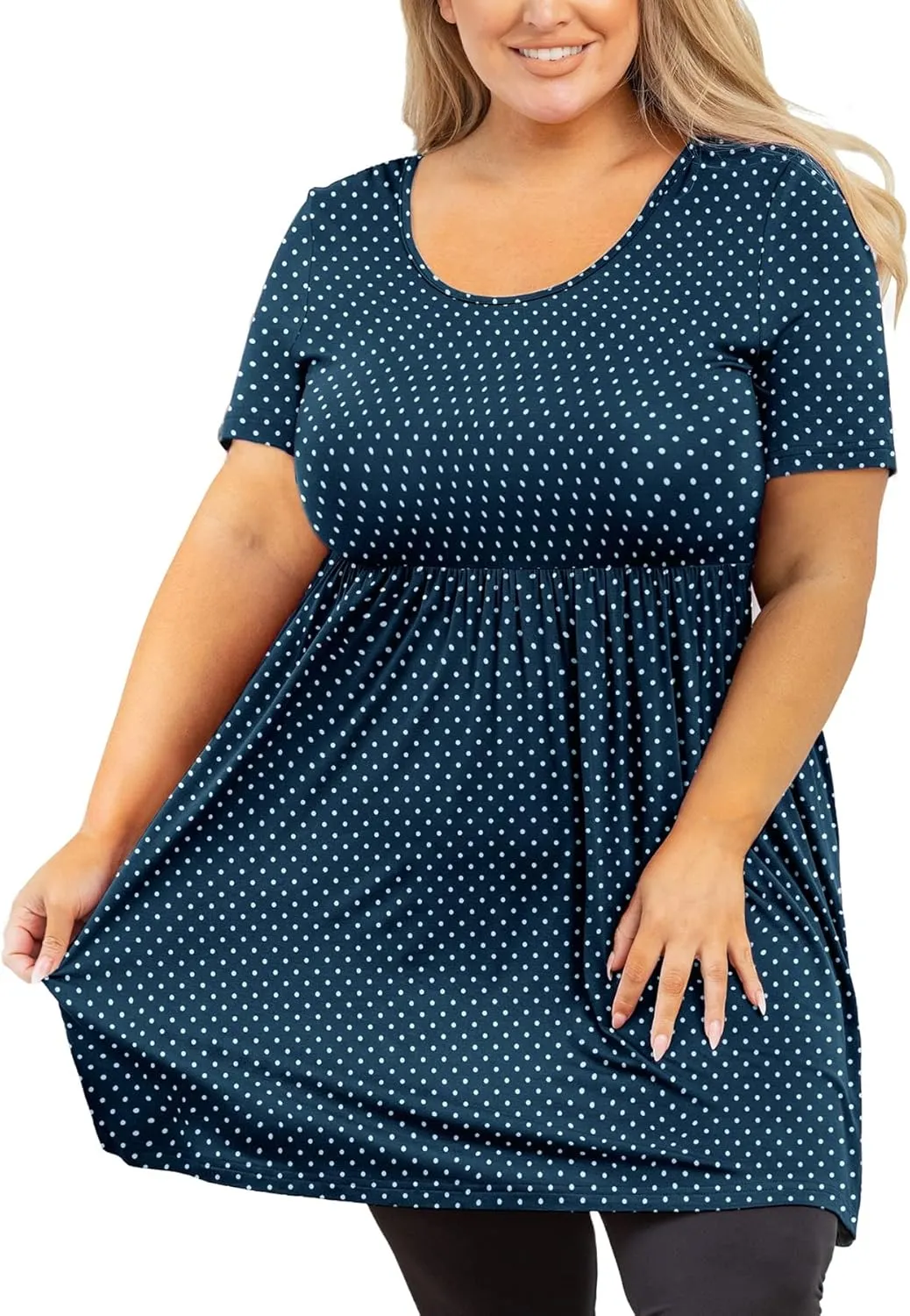 AusLook Women's Plus Size Tunic Short Sleeve Clothes Scoop Neck Summer Tops Pleated Flowy Loose Fit Babydoll T Shirt L-5X