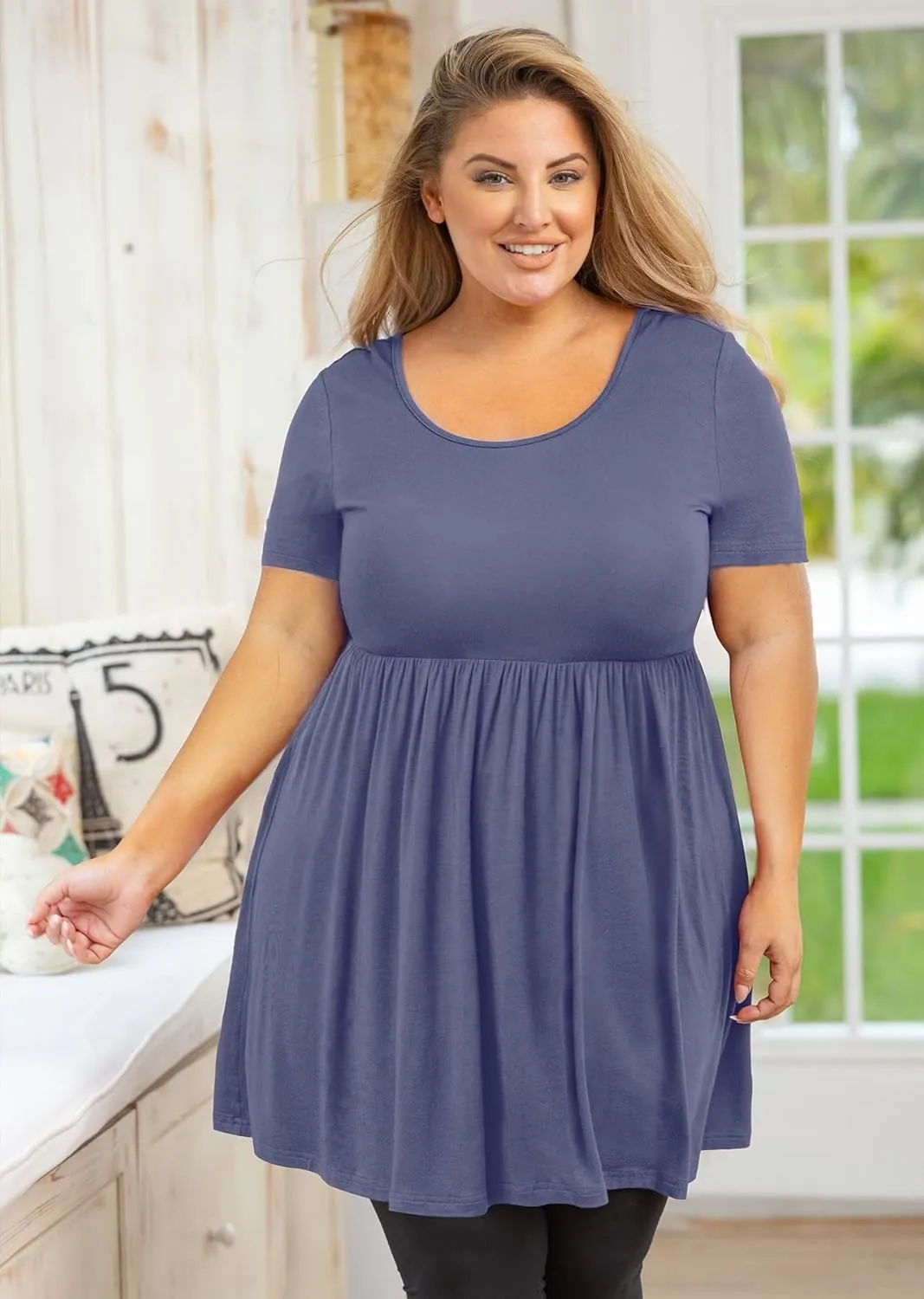 AusLook Women's Plus Size Tunic Short Sleeve Clothes Scoop Neck Summer Tops Pleated Flowy Loose Fit Babydoll T Shirt L-5X