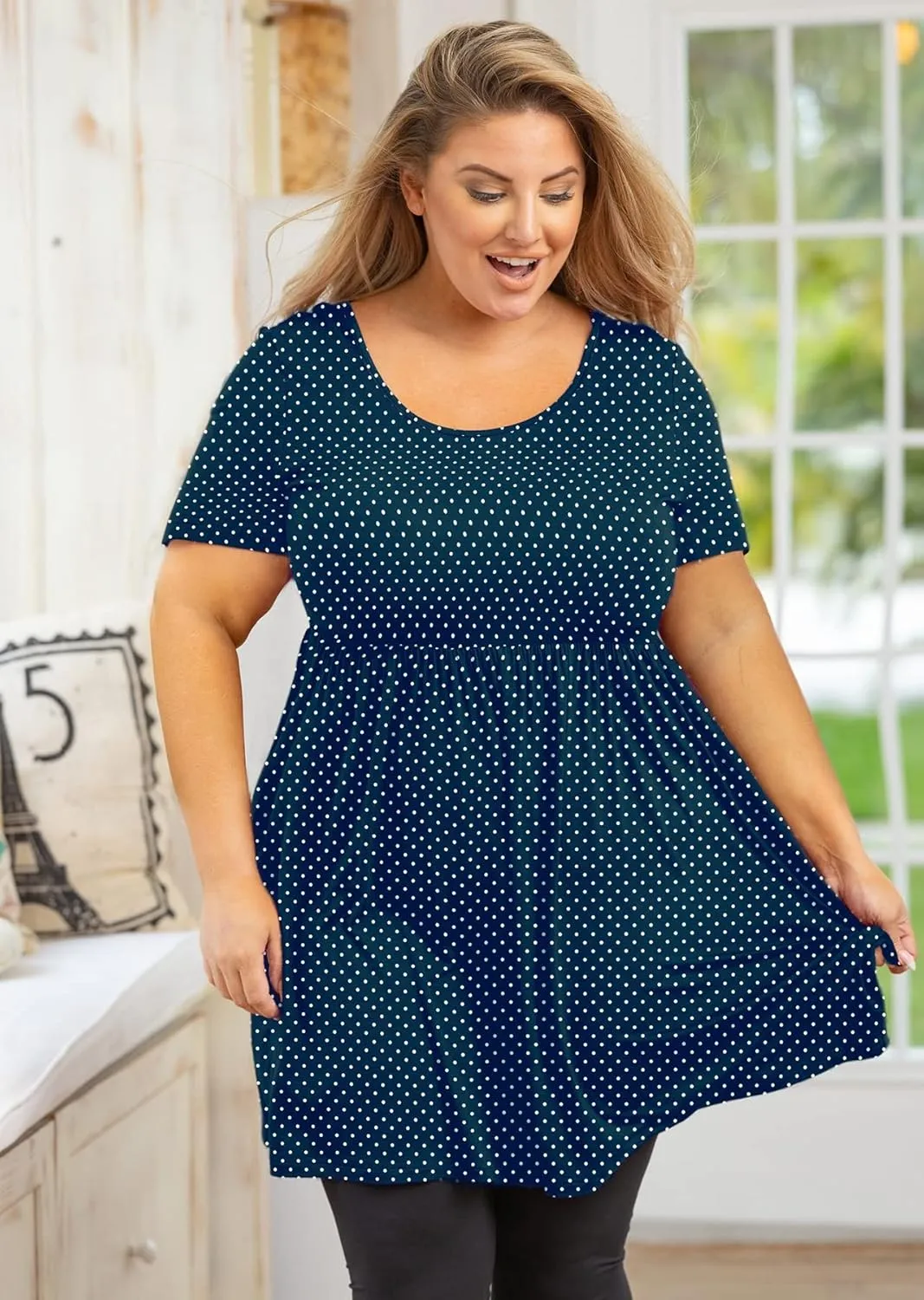 AusLook Women's Plus Size Tunic Short Sleeve Clothes Scoop Neck Summer Tops Pleated Flowy Loose Fit Babydoll T Shirt L-5X