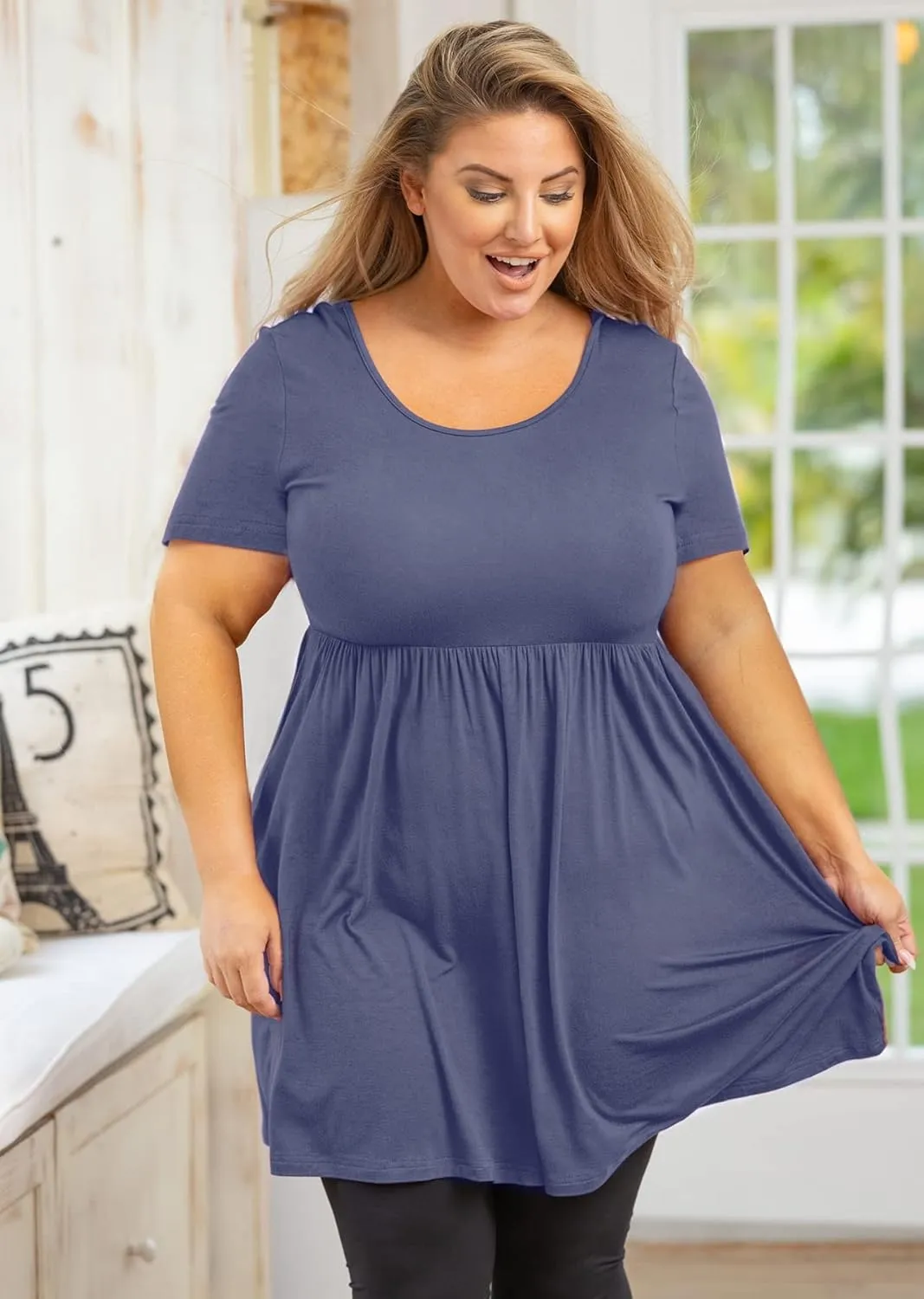 AusLook Women's Plus Size Tunic Short Sleeve Clothes Scoop Neck Summer Tops Pleated Flowy Loose Fit Babydoll T Shirt L-5X