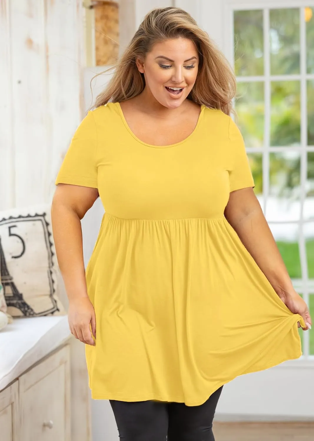 AusLook Women's Plus Size Tunic Short Sleeve Clothes Scoop Neck Summer Tops Pleated Flowy Loose Fit Babydoll T Shirt L-5X