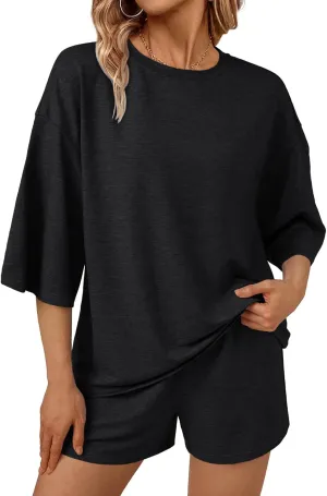 AUTOMET Womens Lounge Sets Two Piece Set Summer Outfits 2 Piece Pajama 3/4 Sleeve Oversized Tshirts Elastic Waist Short
