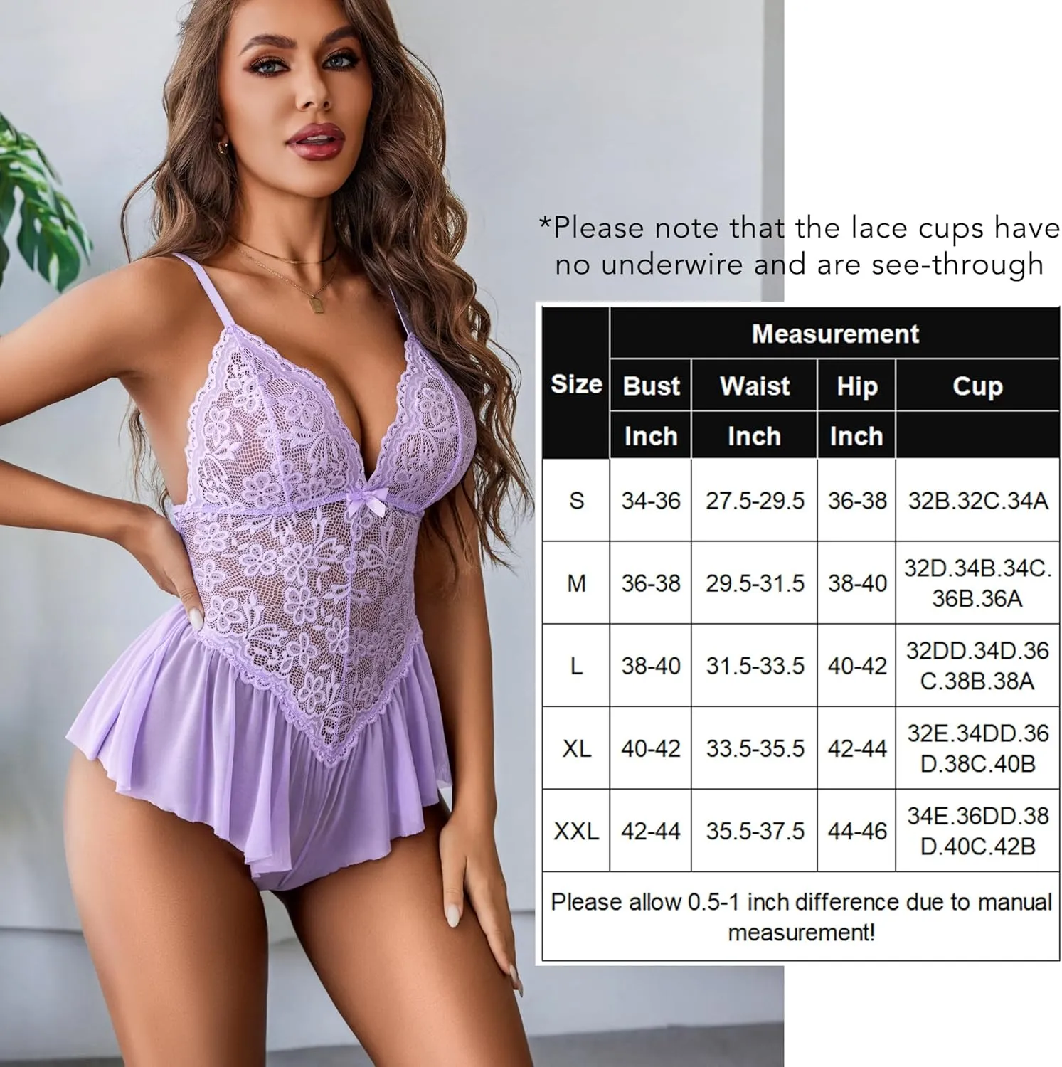 Avidlove Teddy Lingerie for Women Lace Bodysuit One Piece Babydoll Mesh Chemise V Neck Sleepwear