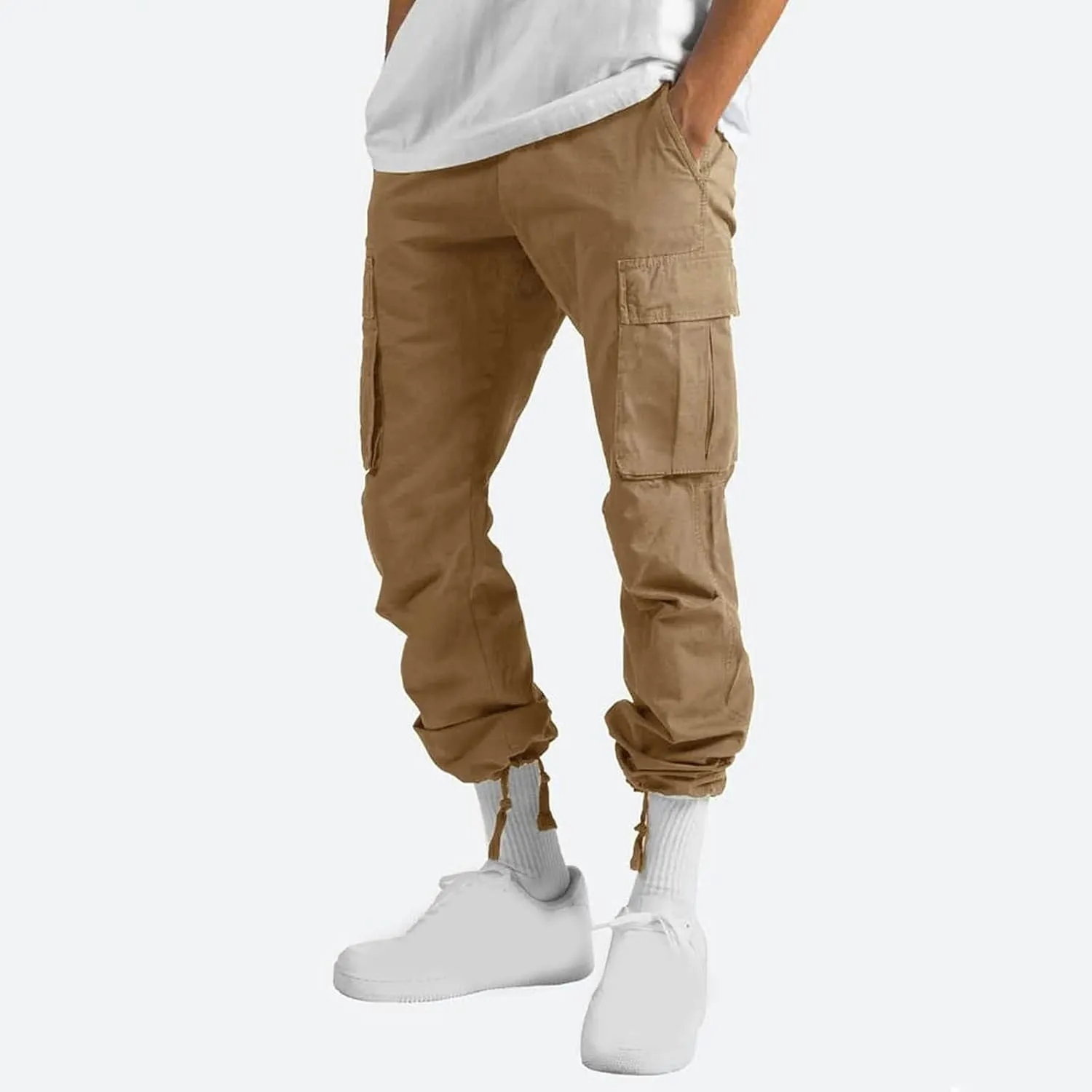 Aymnlox Cargo Pants for Men Baggy Big and Tall Linen Drawstring Sweatpants Casual Hiking Jogger Athletic Straight Pant Pocket