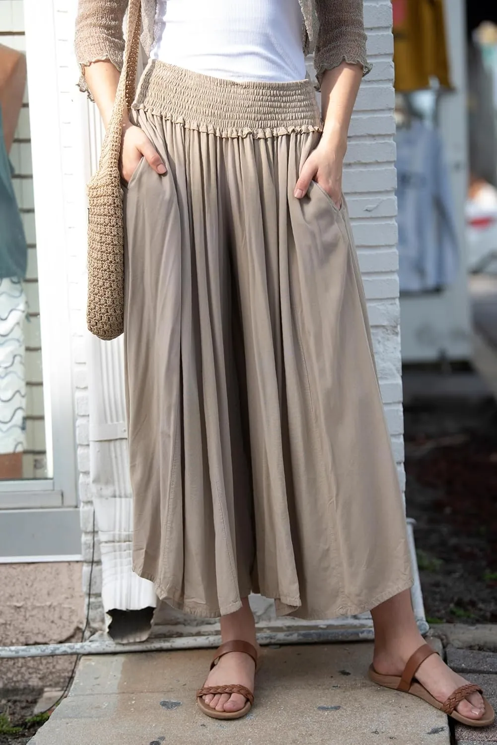Back From Bali Womens Boho Wide Leg Palazzo Pants Smocked Waist Harem Lounge Loose Summer Beach Pants