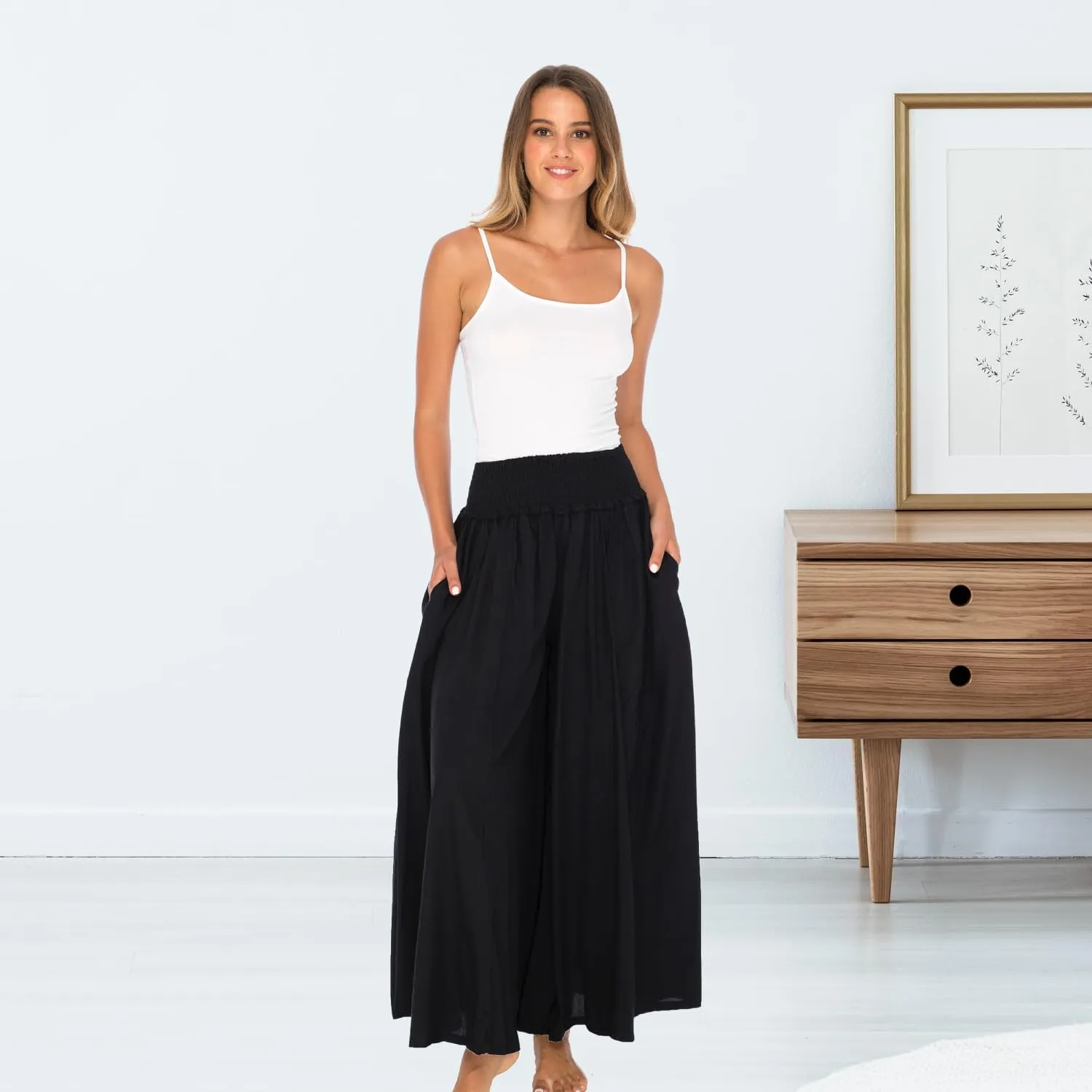 Back From Bali Womens Boho Wide Leg Palazzo Pants Smocked Waist Harem Lounge Loose Summer Beach Pants