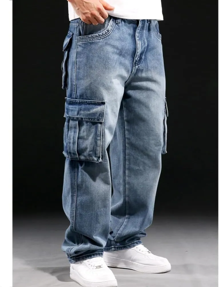 Baggy Cargo Pants Men Casual Loose Fit Hip Hop Jeans with Multi Pockets