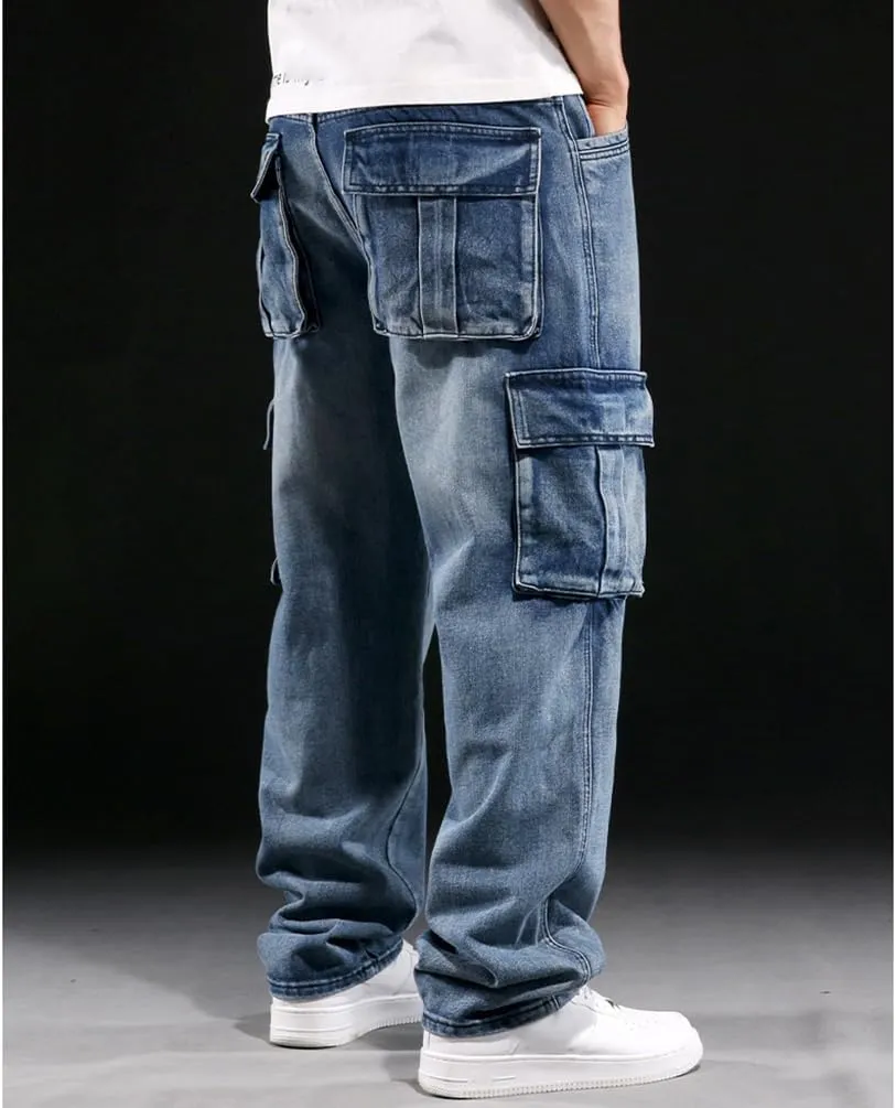 Baggy Cargo Pants Men Casual Loose Fit Hip Hop Jeans with Multi Pockets