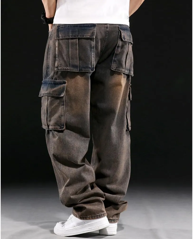 Baggy Cargo Pants Men Casual Loose Fit Hip Hop Jeans with Multi Pockets