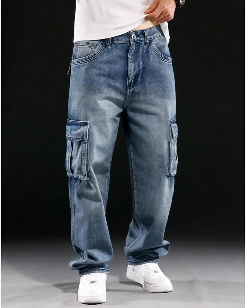 Baggy Cargo Pants Men Casual Loose Fit Hip Hop Jeans with Multi Pockets