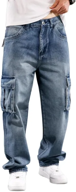 Baggy Cargo Pants Men Casual Loose Fit Hip Hop Jeans with Multi Pockets