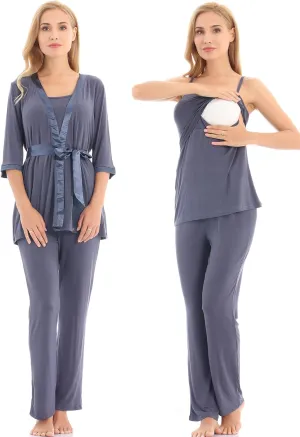 Bearsland Maternity Women's 3 Pieces Soft Nursing Pajamas Set Postpartum Sleepwear for Breastfeeding